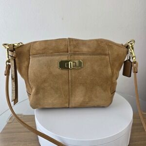 Coach Tan Suede Leather Turnlock Crossbody Bag Brown Gold Hardware Purse